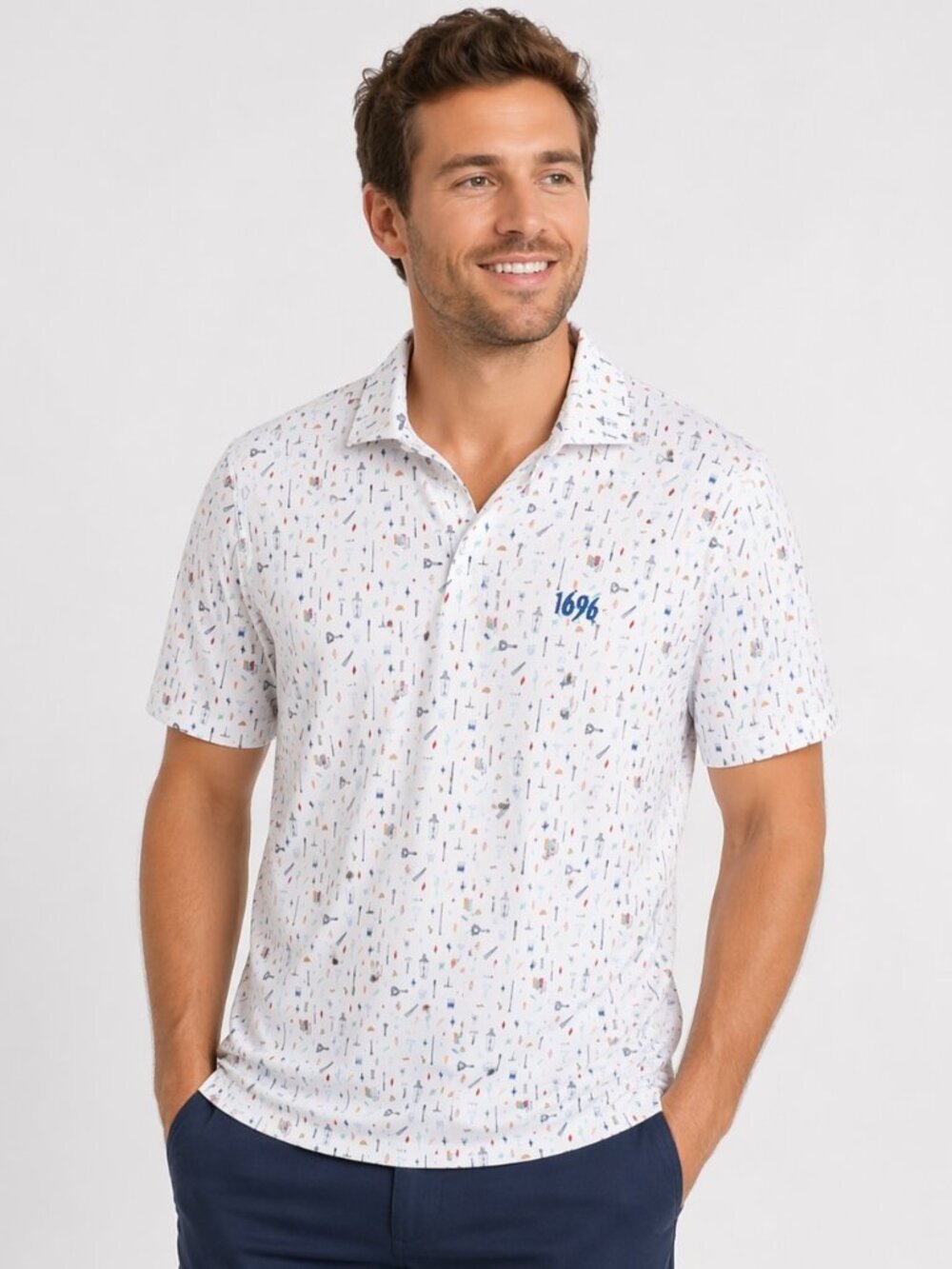 Johnnie-O Polo Shirt Mens Large White Cocktail Print UPF 50 Performance Golf